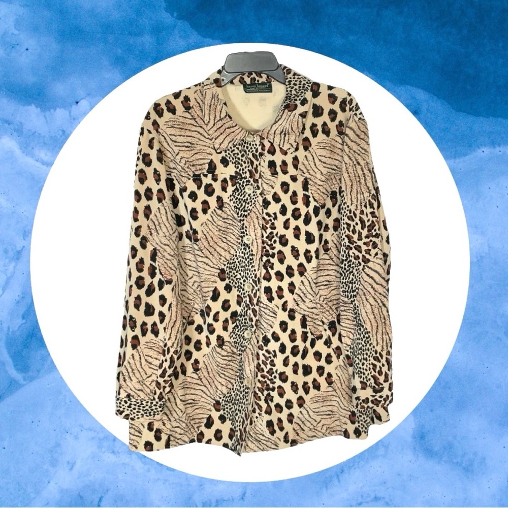 Harve Benard Tan, Black, Brown Leopard Print Button Shirt Women 3X